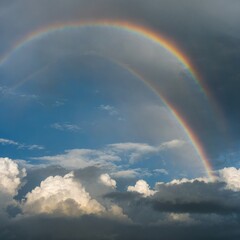 A vivid rainbow arcing through misty clouds, isolated on a clear white space..