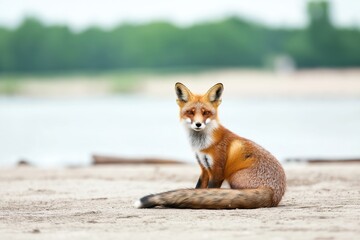 Fototapeta premium Elegant female red fox poses gracefully by the river at sunrise with soft, faded colors in the background