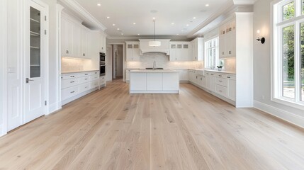 Spacious white kitchen, hardwood floors, natural light