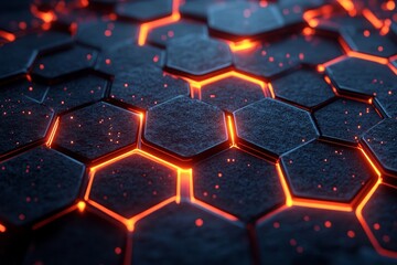 Abstract 3D rendering of layered hexagonal grids with glowing edges., Generative AI