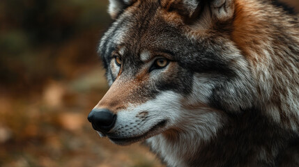 Fototapeta premium majestic wolf with piercing eyes stands in natural forest setting, showcasing its thick fur and alert expression. autumnal background adds warmth to scene