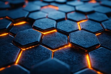 Abstract 3D rendering of layered hexagonal grids with glowing edges., Generative AI