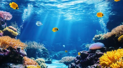 Fototapeta premium Vibrant Underwater Paradise: Sunbeams Illuminate Coral Reef