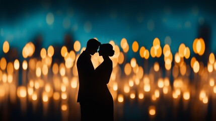 Two Silhouettes Embracing Under the Glow of Hundreds of Candles in a Serene