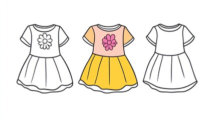 Girl's summer dresses design, white background, coloring page