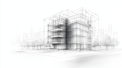 Innovative wireframe building design harmoniously integrated with natural tree canopy