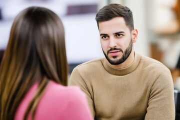 A focused economist converses with a colleague about current global economic trends in a modern office environment, emphasizing critical insights