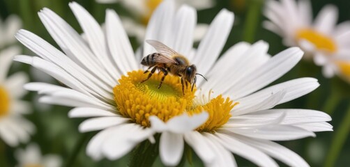 Fototapeta premium Small bee-like insect crawling on the petals of a daisy flower, flower, daisy