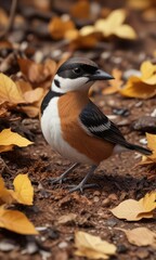 Fototapeta premium Small bird with brown back, white underside and distinctive black stripe above the beak foraging on dry leaves on the ground , small bird, bird behavior, black stripe