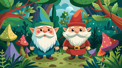 Two cute gnomes with white beards and colorful hats against lovely forest