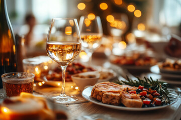 Fototapeta premium Traditional Eid al-Adha celebration, a joyful Muslim family gathered around a festive table with delicious traditional dishes, warm and inviting atmosphere, soft golden lighting