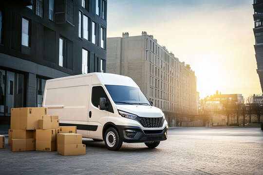 Delivery van parked near packages in urban setting