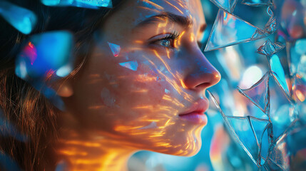 A woman’s profile made entirely of delicate glass shards, with the pieces reflecting her surroundings in fragmented colors, each shard shifting as light passes through