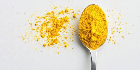 Turmeric Spice in a Spoon: Close-Up Photography of Golden Powder