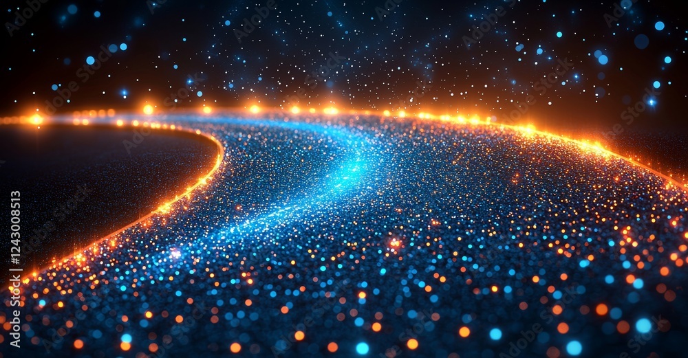 Wall mural futuristic hi-tech blue waves, composed of glowing lines and dots like particles, swirl with a blur 