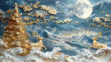 3d modern art mural wallpaper night landscape, white clouds with dark background. Golden Christmas tree, mountain, golden deer, light moon, golden and black waves. for wall decoration