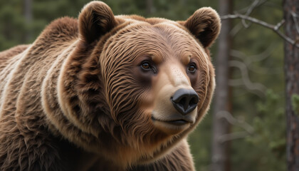 Obraz premium Close-up portrait of a majestic bear with a gentle expression in a forest setting