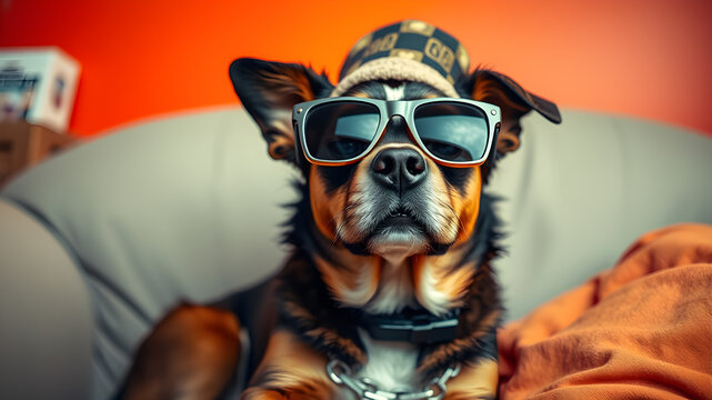 A comical image of a dog wearing oversized sunglasses and a quirky hat, sitting on a couch with a playful expression. Generative AI