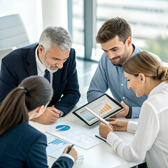 A business meeting in an upscale African office space, where financial advisors are analyzing a company's online revenue and equity research. A tablet with real-time stock market data is at the center