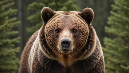 Fototapeta premium Powerful brown bear standing confidently in front of evergreen trees in a forest setting