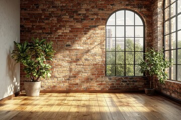 Naklejka premium An empty room bathed in natural light through two windows, adorned with a textured brick wall