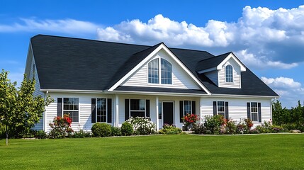 Suburban Dream Home: A Picturesque White House with Lush Greenery