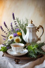 Elegant tea setting with vintage teapot and fresh herbs in a floral arrangement during a tranquil afternoon