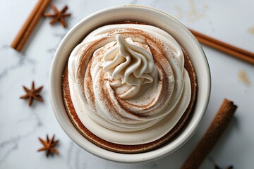 Fototapeta premium Silky Cinnamon Cream Topping on a Pristine White Background, Aerial View of an Edible Treat