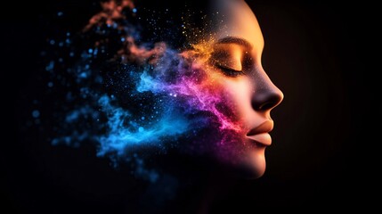 Obraz premium Woman experiencing burning mind in a colorful universe