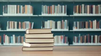 Stack of Books on Wooden Table Against Teal Bookshelves