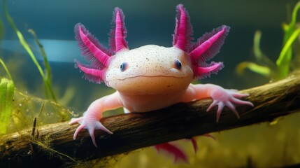 Adorable Pink Axolotl on Branch in Aquarium