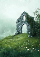 a stone ruin with arched windows and overgrown with vegetation on a misty, green hill. 
