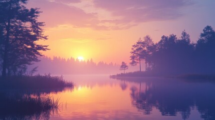 Fototapeta premium Serene sunset over a tranquil lake surrounded by lush mountains and vibrant wildflowers in a peaceful natural setting