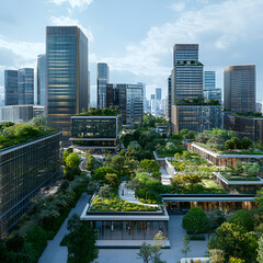 Fototapeta premium Urban Oasis: A stunning aerial view of a modern city skyline interspersed with verdant green rooftops and parks, showcasing a harmonious blend of urban development and environmental consciousness.