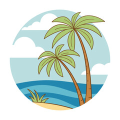 a tropical island scene with palm trees and an ocean backdrop