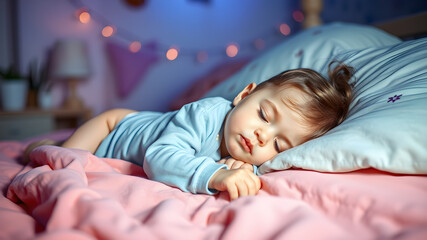 Adorable cute toddler or baby girl sleeping on bed at night with sweet dream in bedroom Lovely child get deep sleep and get relax and happy during lying down on bed. Generative AI