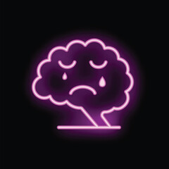 Neon style icon of a brain with a sad expression, symbolizing mental health issues