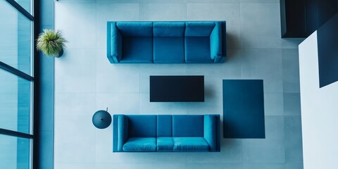 Modern Blue Sofa Arrangement in Minimalist Living Room