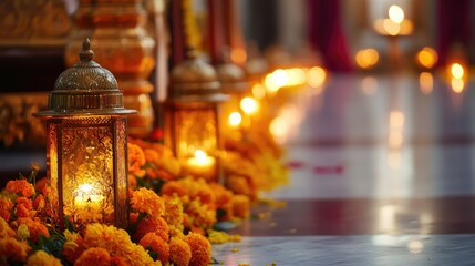 Close-up of marigold flower arrangements on an Indian church aisle, complemented by glowing traditional lanterns and intricate decor.