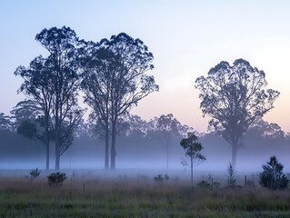 Obraz premium misty, fog-covered hinterland at dawn, with tall trees emerging from the low-lying mist. The soft light 
