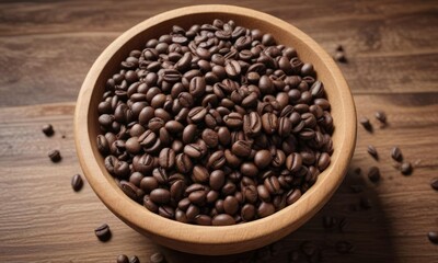 Fototapeta premium Richly textured coffee beans piled high in a wooden bowl , coffee beans, texture, artisanal coffee