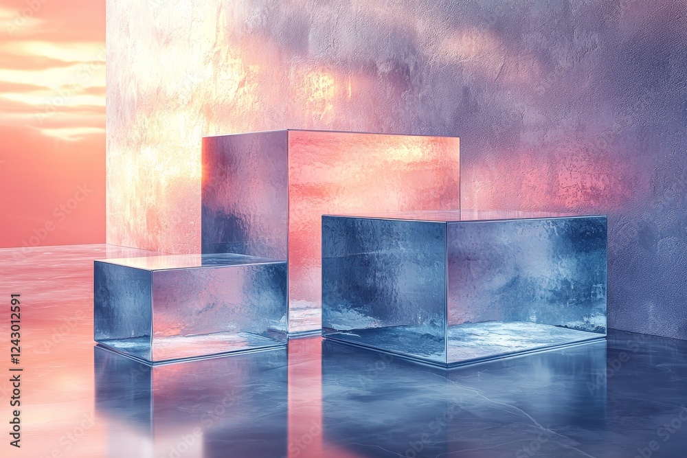 Poster a horizontal visual of transparent geometric shapes and overlapping layers with an abstract backgrou