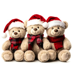 three teddy bears with Santa hats on white background