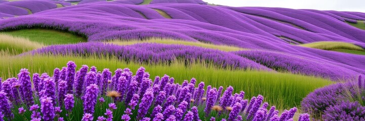 Obraz premium Rolling hills of vibrant purple flowers swaying gently in the breeze, colorful blooms, colorful meadow, serene countryside