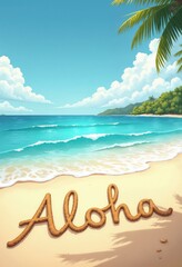 Beach scene with the word Aloha written in sand under a bright blue sky and gentle waves at a tropical shoreline