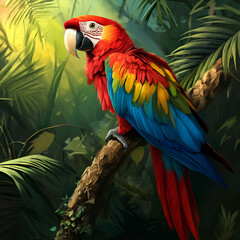 Obraz premium Scarlet Macaw in Tropical Paradise: A vibrant scarlet macaw perches on a branch amidst lush tropical foliage, its plumage shimmering with red, yellow, and blue hues under the warm glow of the sun.