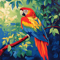 Obraz premium Scarlet Macaw in Lush Foliage: A vibrant scarlet macaw, a dazzling display of red, yellow, and blue plumage, perches majestically on a branch amidst a vibrant tapestry of green foliage.