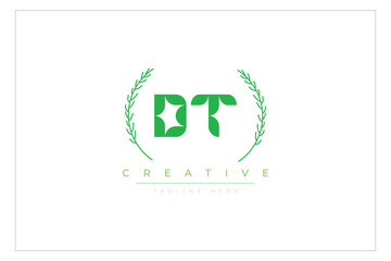 DT letters eco logo with leaf. Fresh nature and healthy leaf logo design.