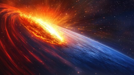 Obraz premium Dramatic illustration of Earth's perihelion point, with the planet's glowing blue surface and the Sun's fiery red-orange rays filling the scene