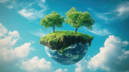 Earth-shaped floating island featuring trees and grassy patches against a vivid blue sky